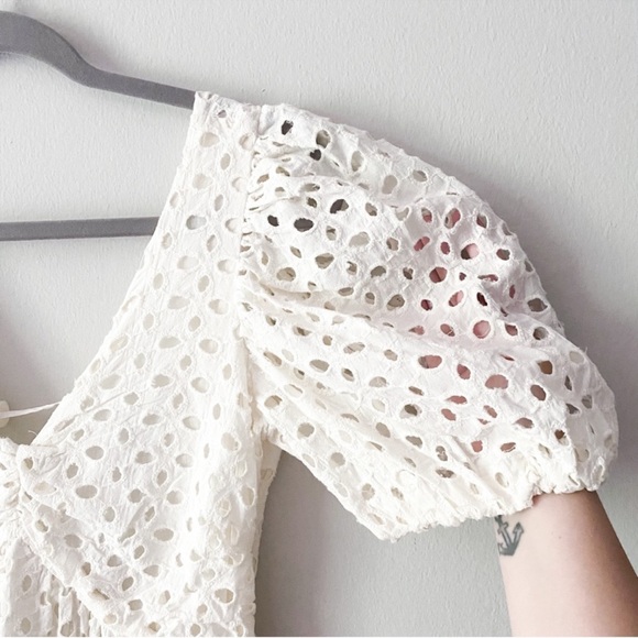 Oak Fort Eyelet Midi Dress Short Puff Sleeve Open Tie Back Gathered Front White - Picture 4 of 11